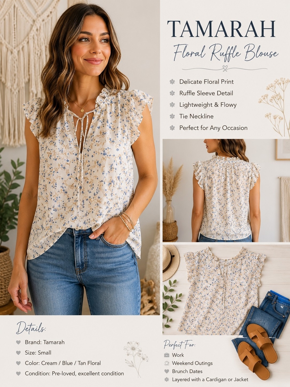 Tamarah H. Floral Ruffle Sleeve Tie Neck Blouse Small Cream Blue Tan